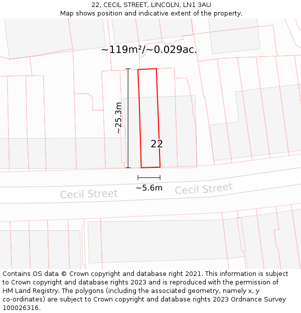 22, CECIL STREET, LINCOLN, LN1 3AU: Plot and title map
