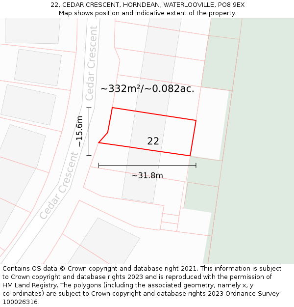 22, CEDAR CRESCENT, HORNDEAN, WATERLOOVILLE, PO8 9EX: Plot and title map