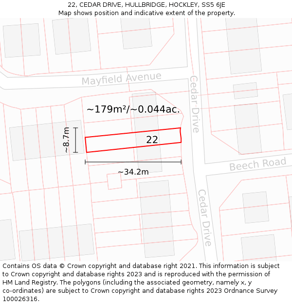 22, CEDAR DRIVE, HULLBRIDGE, HOCKLEY, SS5 6JE: Plot and title map