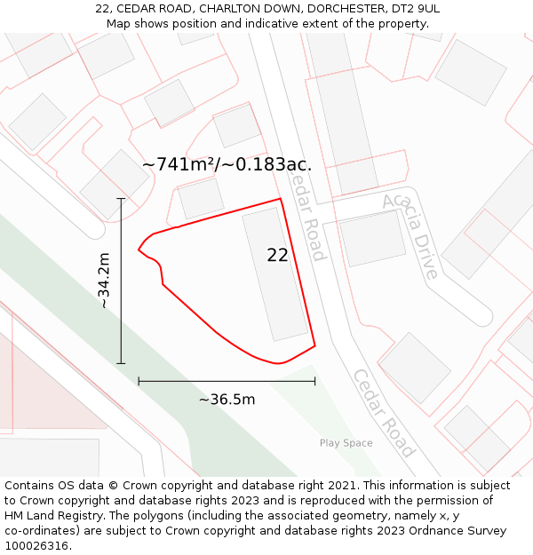 22, CEDAR ROAD, CHARLTON DOWN, DORCHESTER, DT2 9UL: Plot and title map