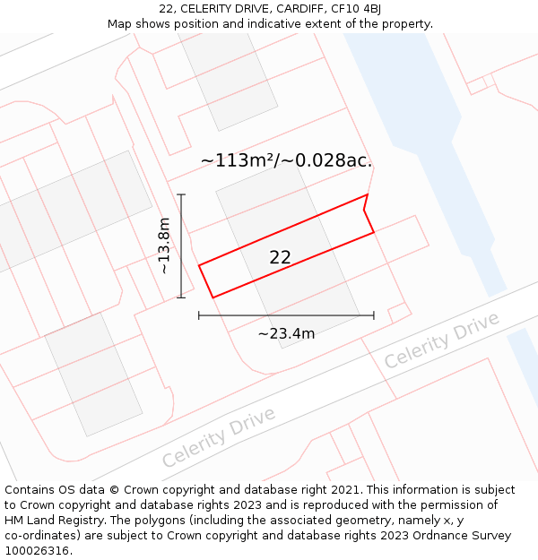 22, CELERITY DRIVE, CARDIFF, CF10 4BJ: Plot and title map