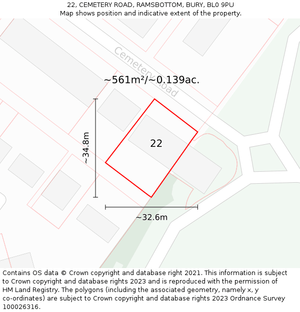 22, CEMETERY ROAD, RAMSBOTTOM, BURY, BL0 9PU: Plot and title map