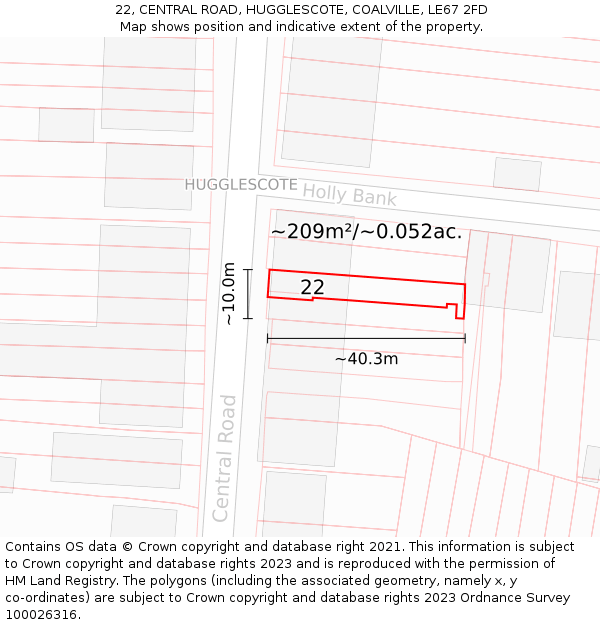 22, CENTRAL ROAD, HUGGLESCOTE, COALVILLE, LE67 2FD: Plot and title map