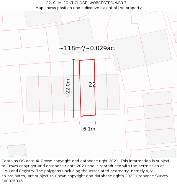 22, CHALFONT CLOSE, WORCESTER, WR3 7HL: Plot and title map