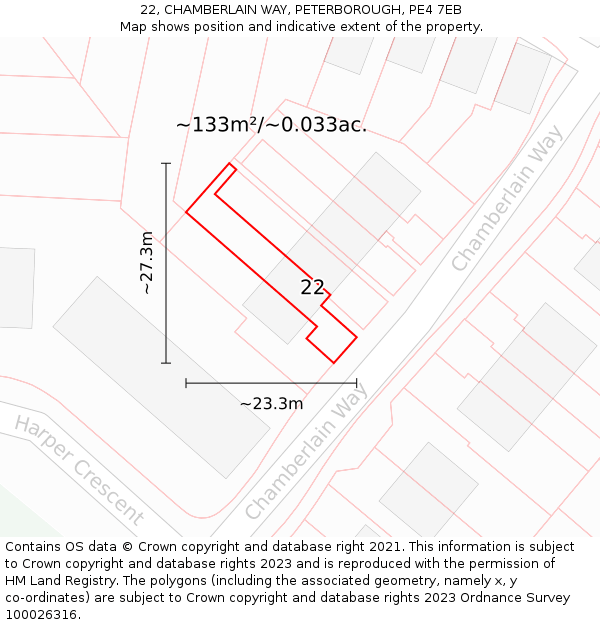 22, CHAMBERLAIN WAY, PETERBOROUGH, PE4 7EB: Plot and title map