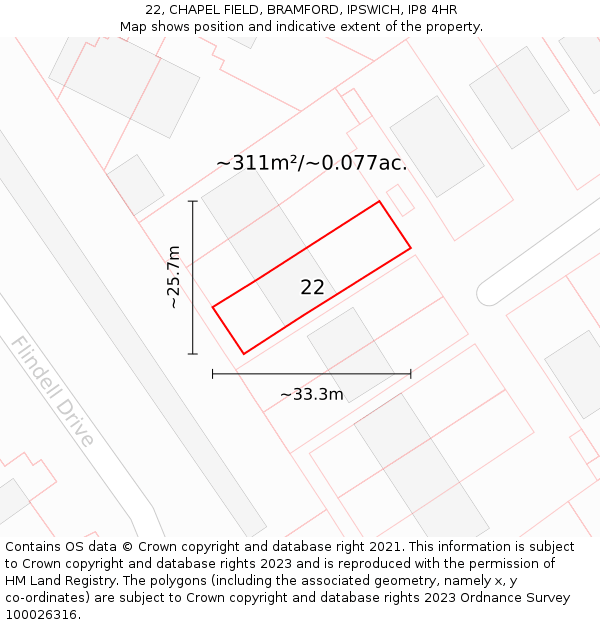 22, CHAPEL FIELD, BRAMFORD, IPSWICH, IP8 4HR: Plot and title map