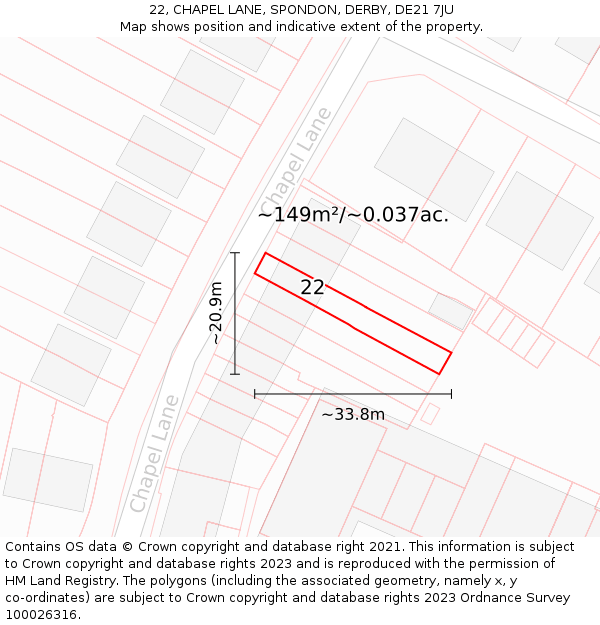 22, CHAPEL LANE, SPONDON, DERBY, DE21 7JU: Plot and title map