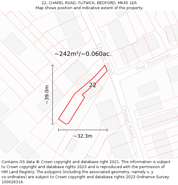 22, CHAPEL ROAD, FLITWICK, BEDFORD, MK45 1EA: Plot and title map