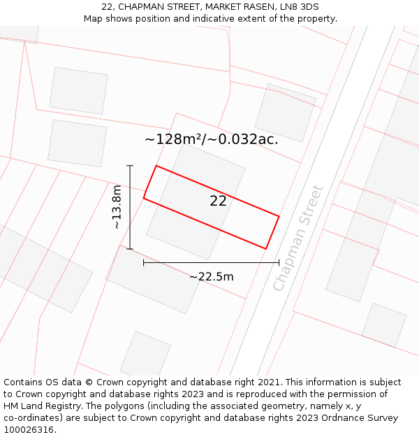 22, CHAPMAN STREET, MARKET RASEN, LN8 3DS: Plot and title map