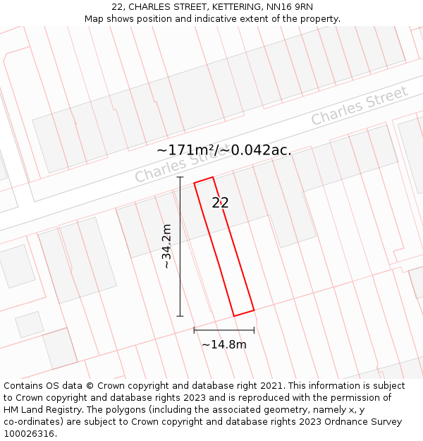 22, CHARLES STREET, KETTERING, NN16 9RN: Plot and title map
