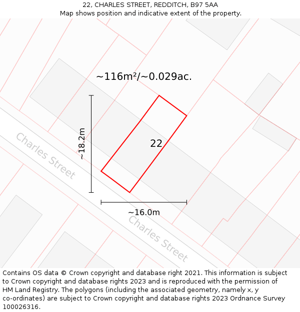 22, CHARLES STREET, REDDITCH, B97 5AA: Plot and title map