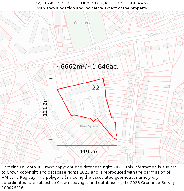 22, CHARLES STREET, THRAPSTON, KETTERING, NN14 4NU: Plot and title map