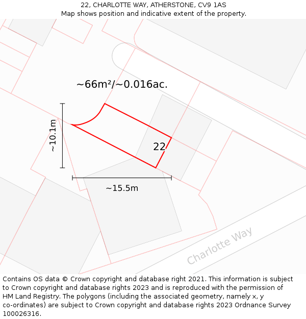 22, CHARLOTTE WAY, ATHERSTONE, CV9 1AS: Plot and title map