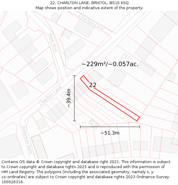 22, CHARLTON LANE, BRISTOL, BS10 6SQ: Plot and title map