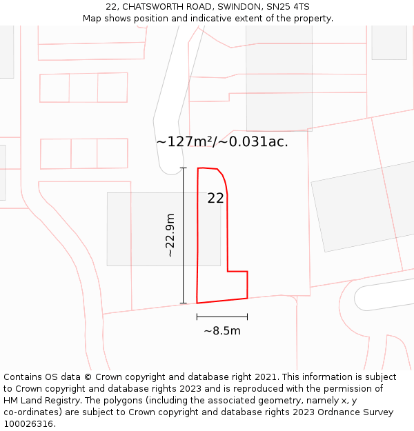 22, CHATSWORTH ROAD, SWINDON, SN25 4TS: Plot and title map