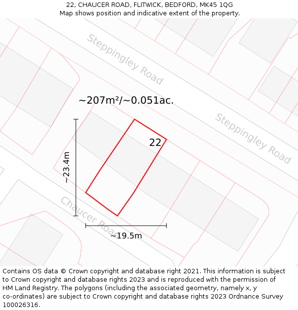 22, CHAUCER ROAD, FLITWICK, BEDFORD, MK45 1QG: Plot and title map
