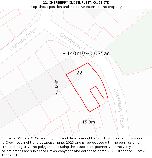 22, CHERBERRY CLOSE, FLEET, GU51 2TD: Plot and title map