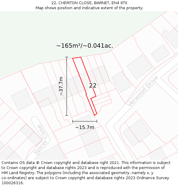 22, CHERITON CLOSE, BARNET, EN4 9TX: Plot and title map