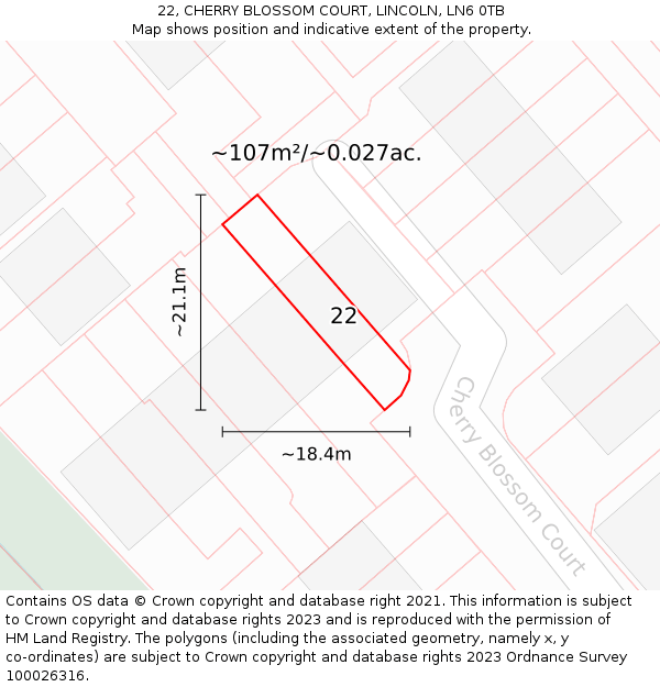 22, CHERRY BLOSSOM COURT, LINCOLN, LN6 0TB: Plot and title map