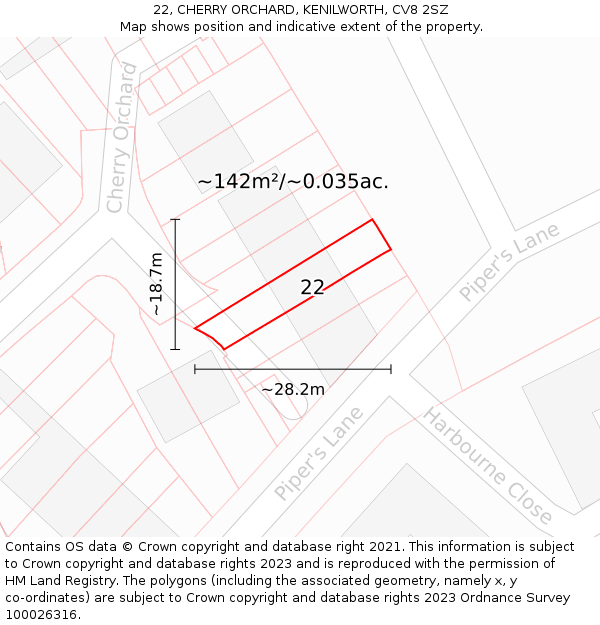 22, CHERRY ORCHARD, KENILWORTH, CV8 2SZ: Plot and title map