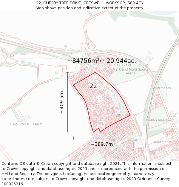 22, CHERRY TREE DRIVE, CRESWELL, WORKSOP, S80 4GY: Plot and title map
