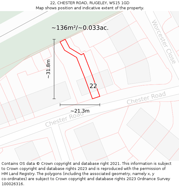 22, CHESTER ROAD, RUGELEY, WS15 1GD: Plot and title map