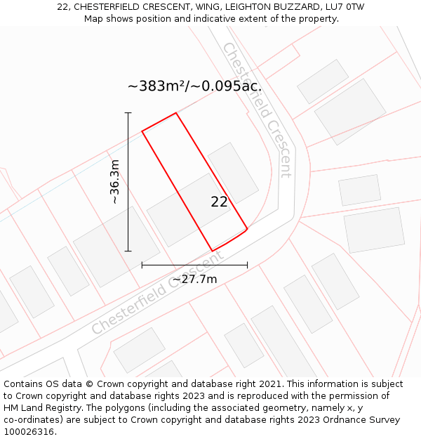 22, CHESTERFIELD CRESCENT, WING, LEIGHTON BUZZARD, LU7 0TW: Plot and title map