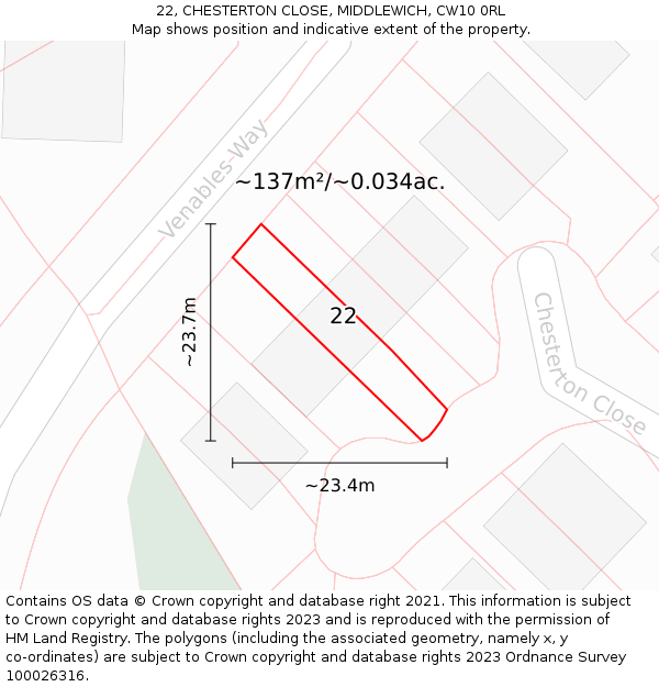 22, CHESTERTON CLOSE, MIDDLEWICH, CW10 0RL: Plot and title map