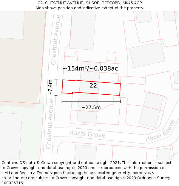 22, CHESTNUT AVENUE, SILSOE, BEDFORD, MK45 4GP: Plot and title map
