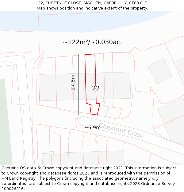 22, CHESTNUT CLOSE, MACHEN, CAERPHILLY, CF83 8LF: Plot and title map