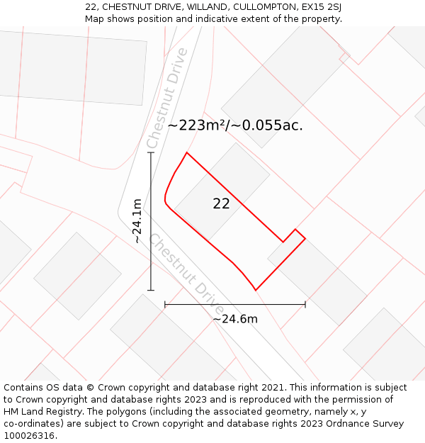 22, CHESTNUT DRIVE, WILLAND, CULLOMPTON, EX15 2SJ: Plot and title map
