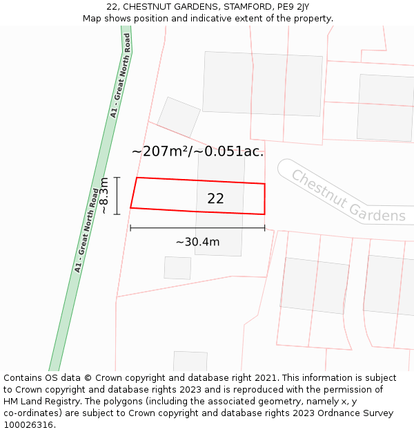 22, CHESTNUT GARDENS, STAMFORD, PE9 2JY: Plot and title map