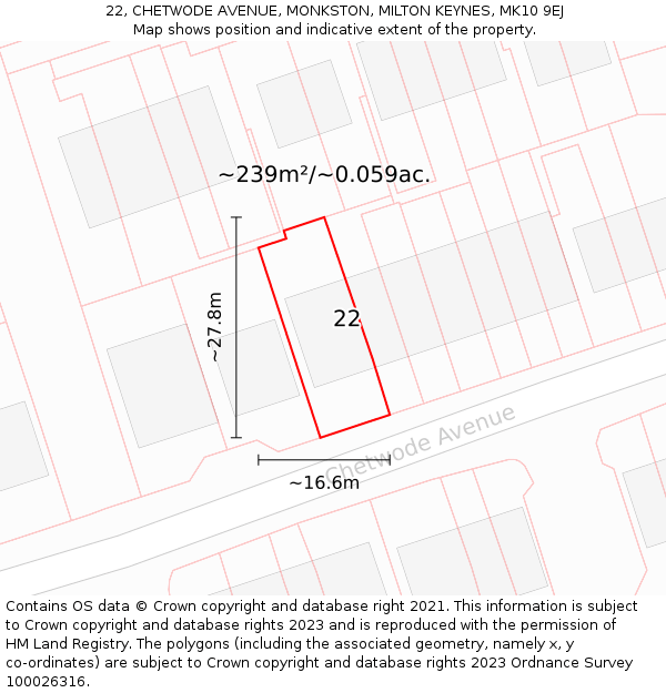 22, CHETWODE AVENUE, MONKSTON, MILTON KEYNES, MK10 9EJ: Plot and title map