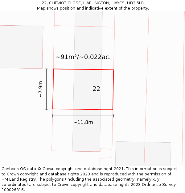 22, CHEVIOT CLOSE, HARLINGTON, HAYES, UB3 5LR: Plot and title map