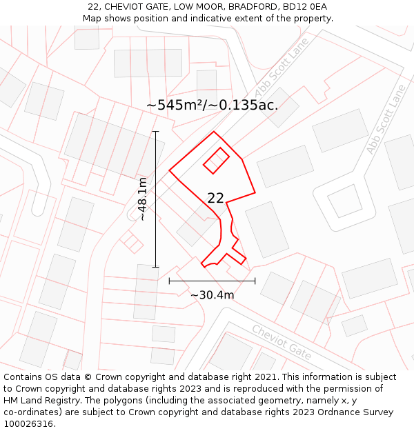 22, CHEVIOT GATE, LOW MOOR, BRADFORD, BD12 0EA: Plot and title map