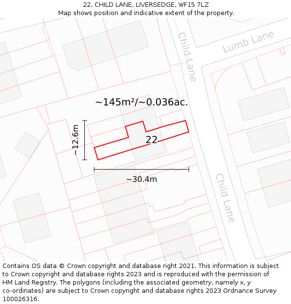 22, CHILD LANE, LIVERSEDGE, WF15 7LZ: Plot and title map