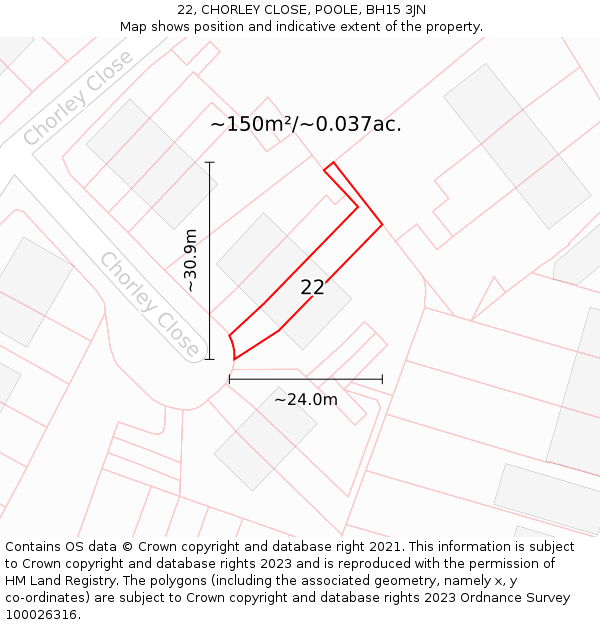 22, CHORLEY CLOSE, POOLE, BH15 3JN: Plot and title map