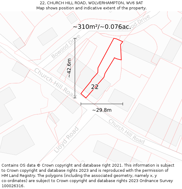 22, CHURCH HILL ROAD, WOLVERHAMPTON, WV6 9AT: Plot and title map