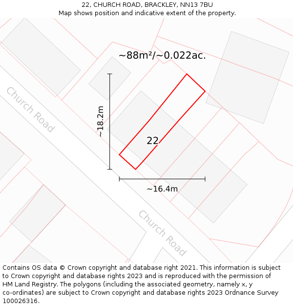 22, CHURCH ROAD, BRACKLEY, NN13 7BU: Plot and title map