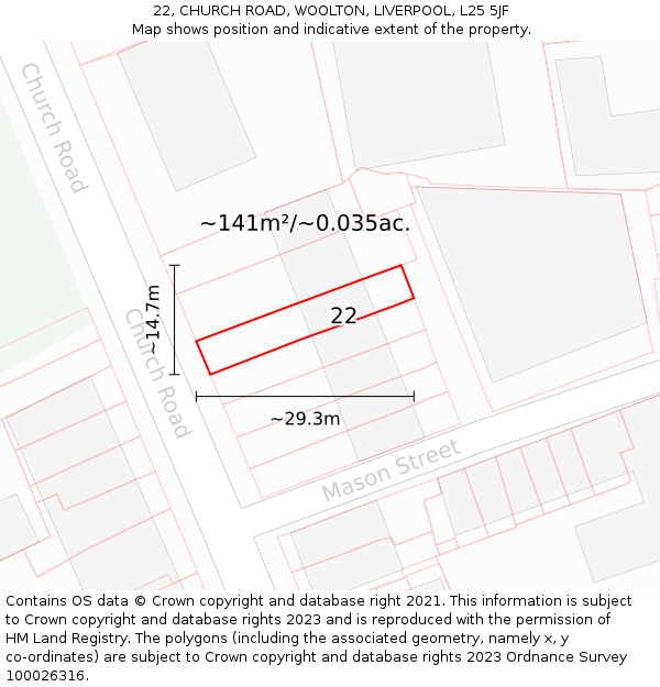 22, CHURCH ROAD, WOOLTON, LIVERPOOL, L25 5JF: Plot and title map
