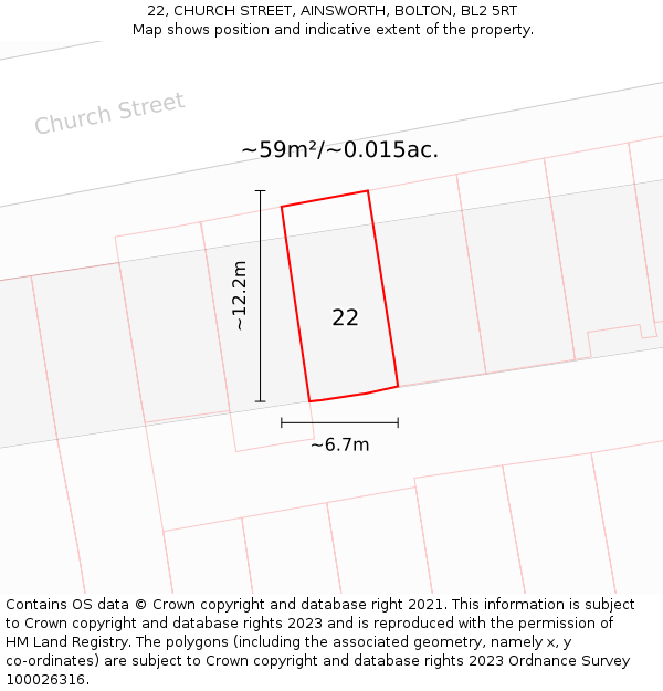 22, CHURCH STREET, AINSWORTH, BOLTON, BL2 5RT: Plot and title map