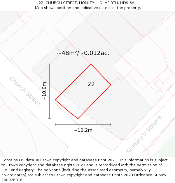 22, CHURCH STREET, HONLEY, HOLMFIRTH, HD9 6AH: Plot and title map