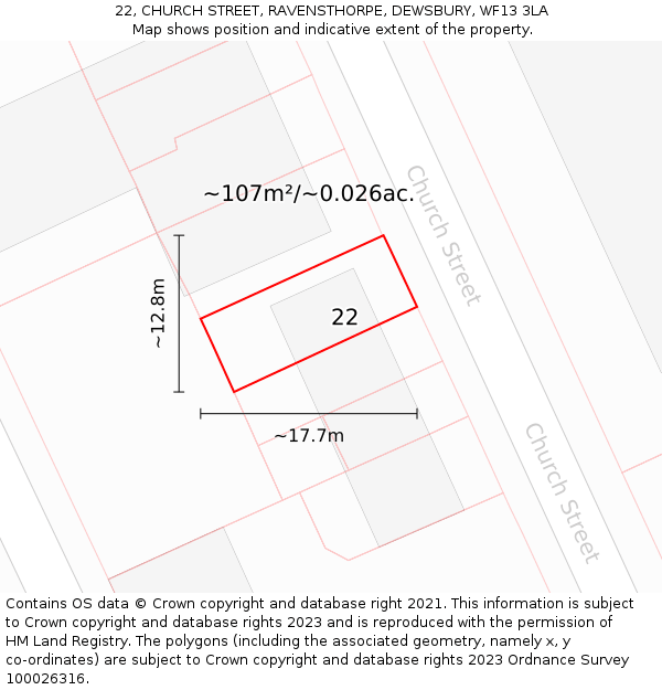 22, CHURCH STREET, RAVENSTHORPE, DEWSBURY, WF13 3LA: Plot and title map