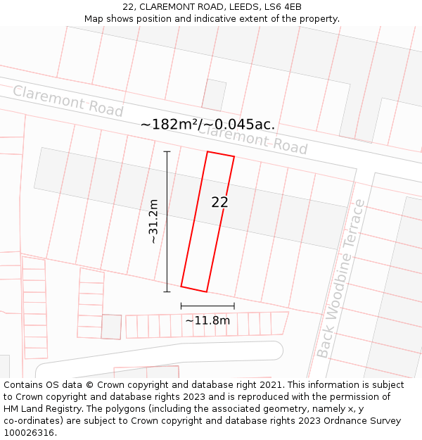 22, CLAREMONT ROAD, LEEDS, LS6 4EB: Plot and title map