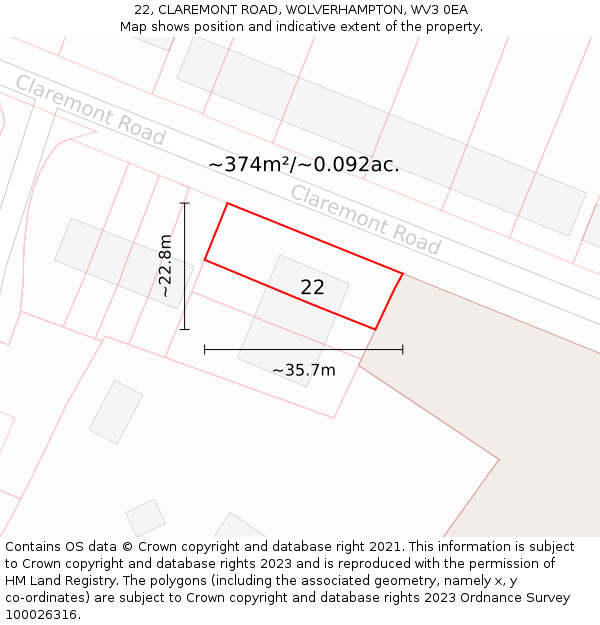22, CLAREMONT ROAD, WOLVERHAMPTON, WV3 0EA: Plot and title map