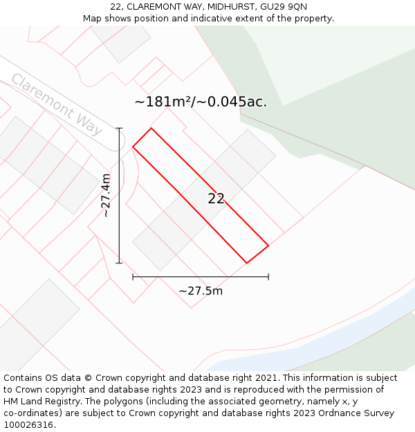 22, CLAREMONT WAY, MIDHURST, GU29 9QN: Plot and title map