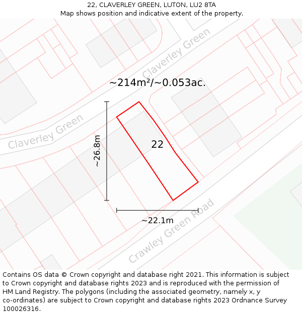 22, CLAVERLEY GREEN, LUTON, LU2 8TA: Plot and title map