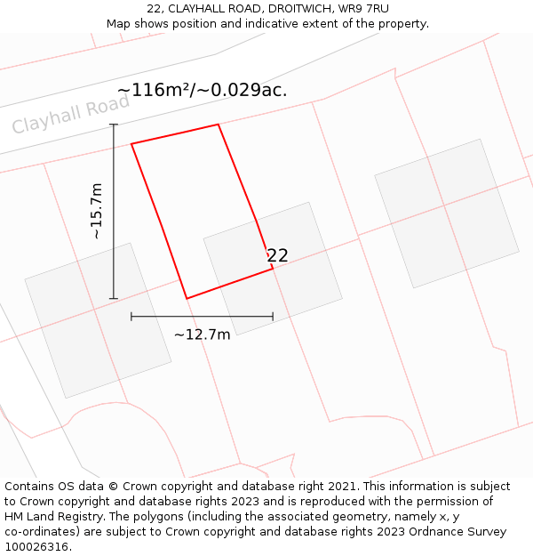 22, CLAYHALL ROAD, DROITWICH, WR9 7RU: Plot and title map