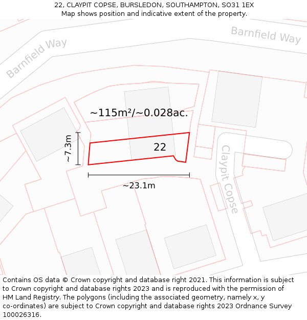 22, CLAYPIT COPSE, BURSLEDON, SOUTHAMPTON, SO31 1EX: Plot and title map