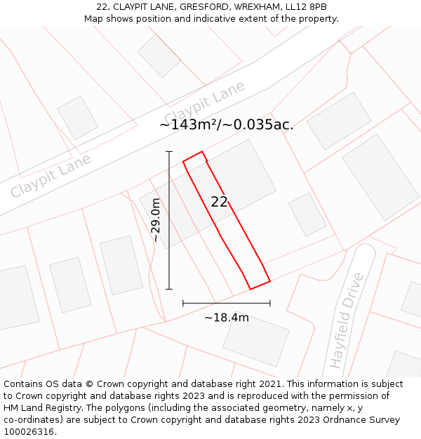 22, CLAYPIT LANE, GRESFORD, WREXHAM, LL12 8PB: Plot and title map